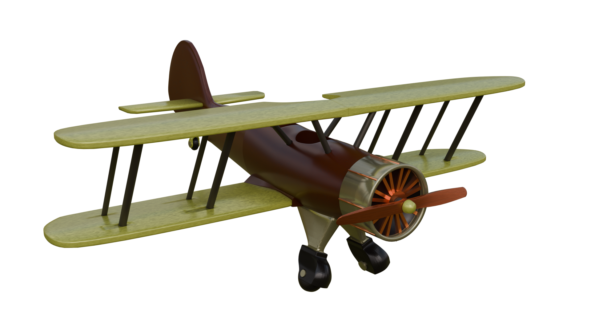 Gedetailleerd 3D-geprint bouwpakket van een klassiek dubbeldekker vliegtuig.